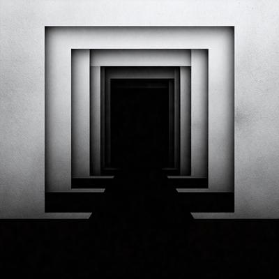 The primary subject of the image is a black and white photo of a doorway. The setting is a white wall, and the visual style is a black and white photo. The dominant colors are black and white, creating a moody atmosphere.
